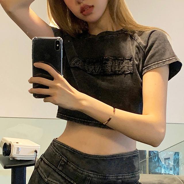 ピグメント ヴィンテージライク 古着風 ロゴ クロップド ショート丈 半袖 Tシャツ