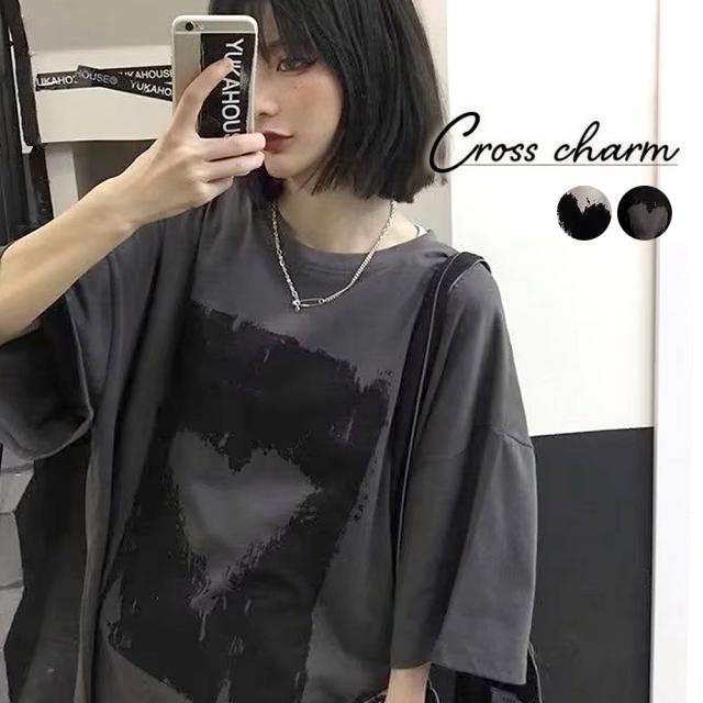 ヴィンテージライク ハート プリント 古着風 半袖 ビッグシルエット Tシャツ