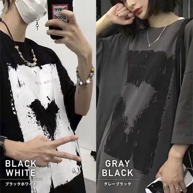 ヴィンテージライク ハート プリント 古着風 半袖 ビッグシルエット Tシャツ