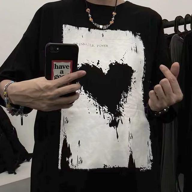 ヴィンテージライク ハート プリント 古着風 半袖 ビッグシルエット Tシャツ