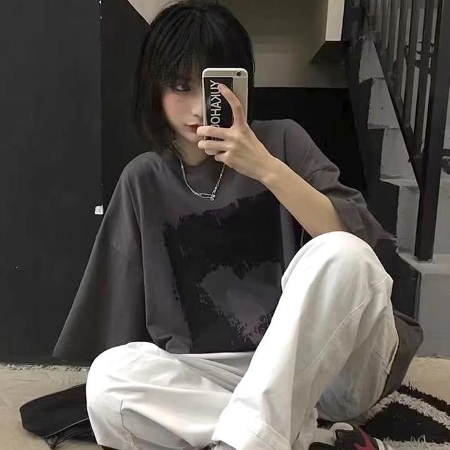 ヴィンテージライク ハート プリント 古着風 半袖 ビッグシルエット Tシャツ