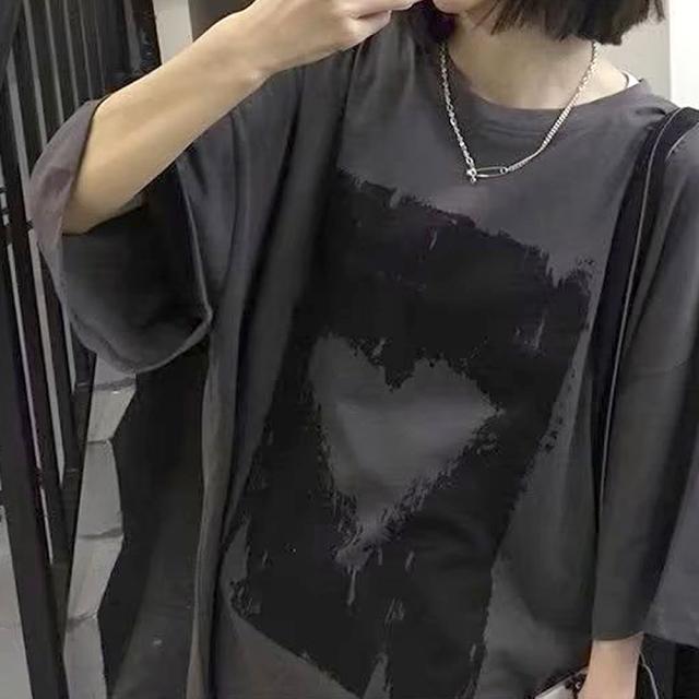ヴィンテージライク ハート プリント 古着風 半袖 ビッグシルエット Tシャツ