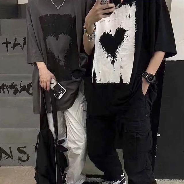 ヴィンテージライク ハート プリント 古着風 半袖 ビッグシルエット Tシャツ