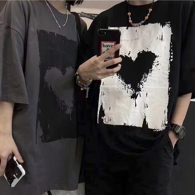 ヴィンテージライク ハート プリント 古着風 半袖 ビッグシルエット Tシャツ