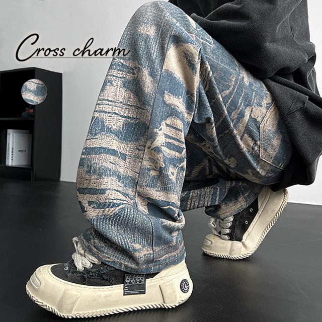 トロンプルイユ柄 ダメージ デニム エフェクト ワイド パンツ