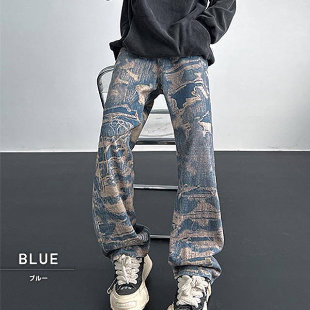 トロンプルイユ柄 ダメージ デニム エフェクト ワイド パンツ