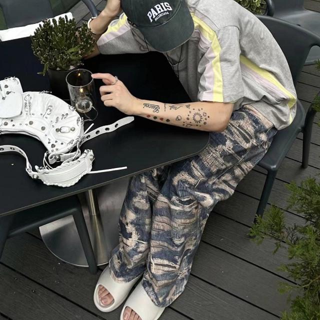 トロンプルイユ柄 ダメージ デニム エフェクト ワイド パンツ