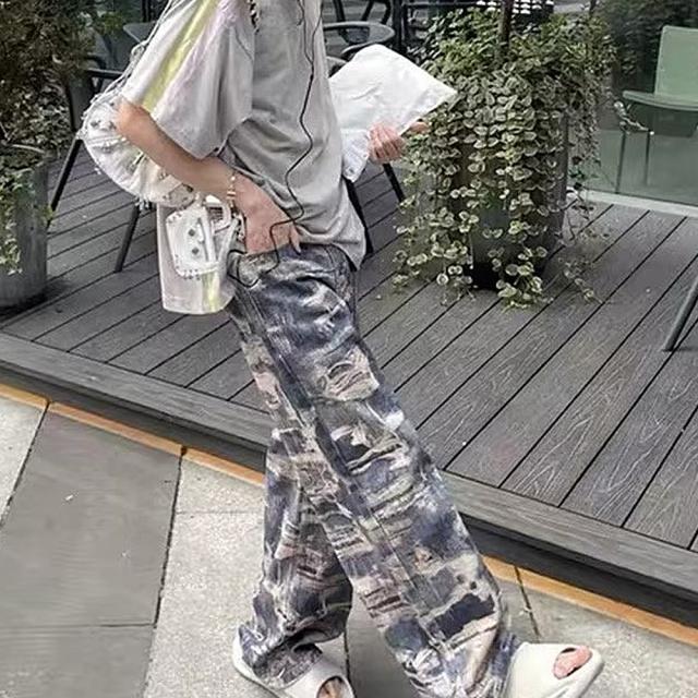 トロンプルイユ柄 ダメージ デニム エフェクト ワイド パンツ