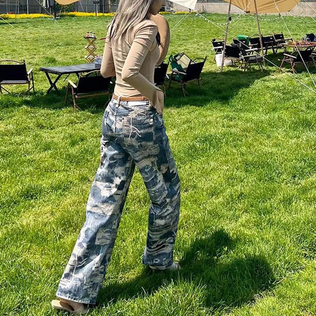 トロンプルイユ柄 ダメージ デニム エフェクト ワイド パンツ