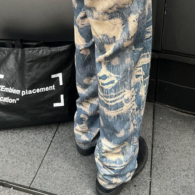 トロンプルイユ柄 ダメージ デニム エフェクト ワイド パンツ