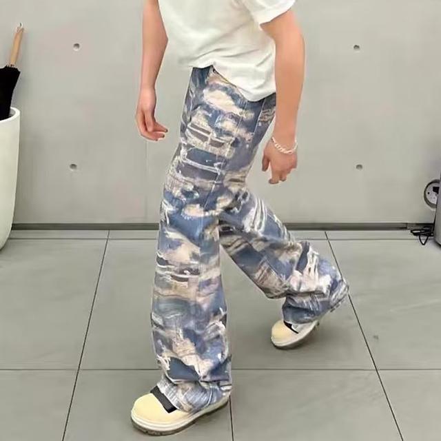 トロンプルイユ柄 ダメージ デニム エフェクト ワイド パンツ