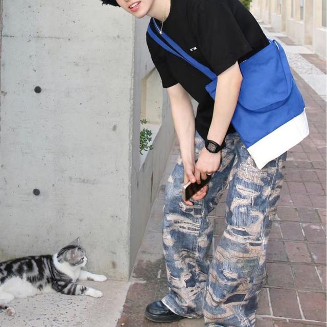 トロンプルイユ柄 ダメージ デニム エフェクト ワイド パンツ