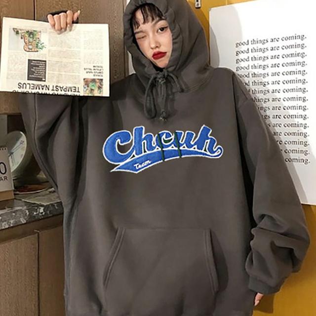 韓国風 ビッグシルエット フード付き カレッジロゴ フーディー パーカー