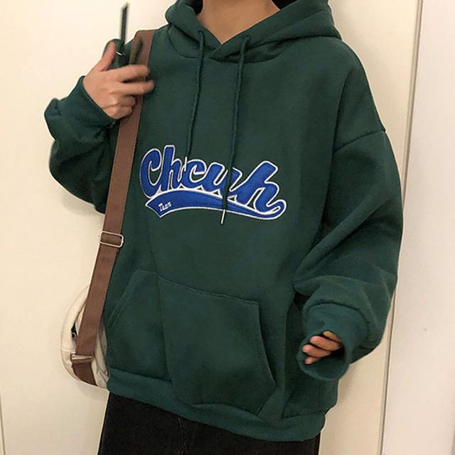 韓国風 ビッグシルエット フード付き カレッジロゴ フーディー パーカー