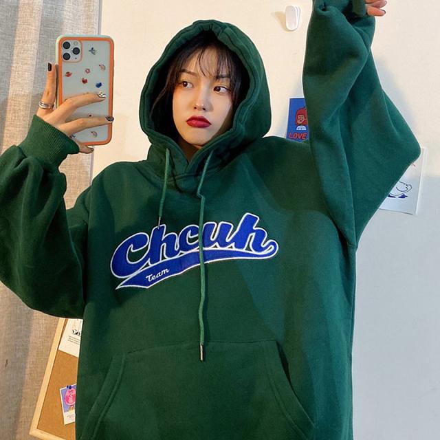 韓国風 ビッグシルエット フード付き カレッジロゴ フーディー パーカー