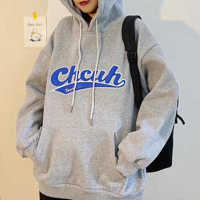 韓国風 ビッグシルエット フード付き カレッジロゴ フーディー パーカー