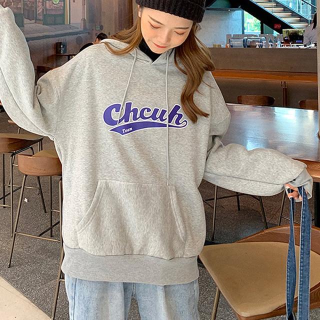 韓国風 ビッグシルエット フード付き カレッジロゴ フーディー パーカー