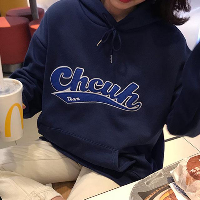 韓国風 ビッグシルエット フード付き カレッジロゴ フーディー パーカー