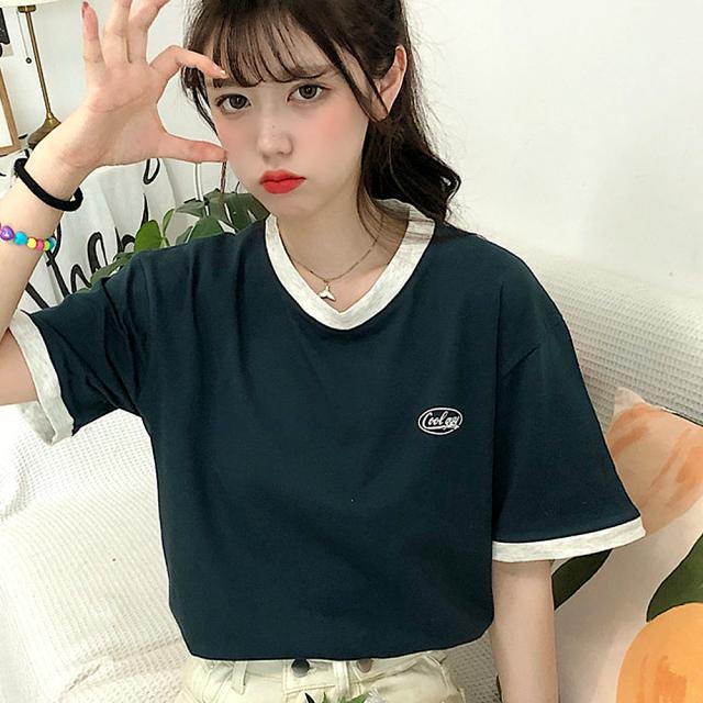 ワンポイントロゴ クルーネック リンガーTシャツ