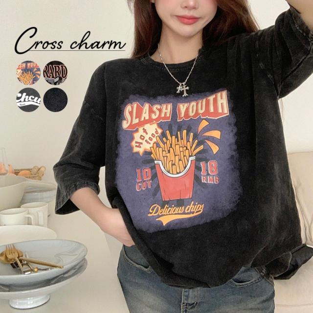 ビッグシルエット ジャンキープリント ピグメント 半袖 Tシャツ 古着風 フライドポテト カレッジロゴ