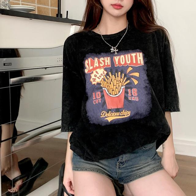 ビッグシルエット ジャンキープリント ピグメント 半袖 Tシャツ 古着風 フライドポテト カレッジロゴ