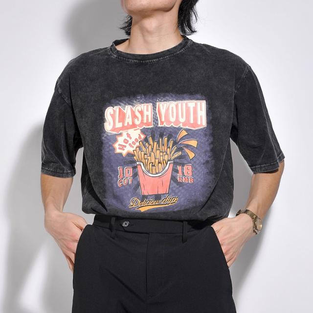 ビッグシルエット ジャンキープリント ピグメント 半袖 Tシャツ 古着風 フライドポテト カレッジロゴ