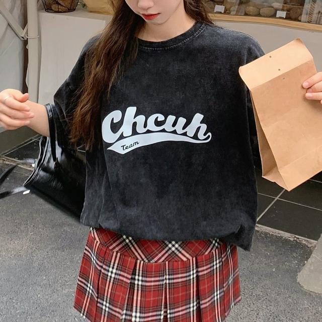 ビッグシルエット ジャンキープリント ピグメント 半袖 Tシャツ 古着風 フライドポテト カレッジロゴ