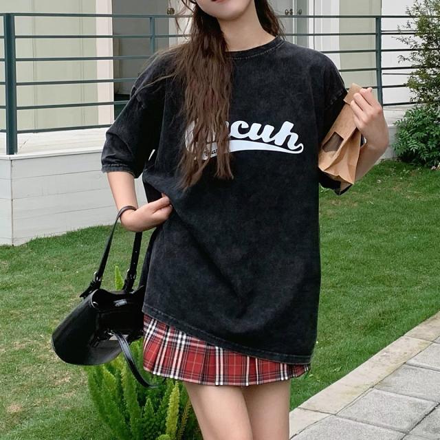 ビッグシルエット ジャンキープリント ピグメント 半袖 Tシャツ 古着風 フライドポテト カレッジロゴ