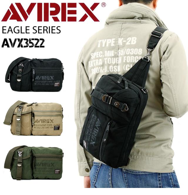 ボディバッグ ショルダーバッグ 2WAY AVIREX メンズ レディース 男女兼用 ユニセックス ワンショルダーバッグ 斜めがけバッグ アヴィレックス AVX3522 イーグル EAGLE アビレックス 黒 ベージュ カーキ ブラック