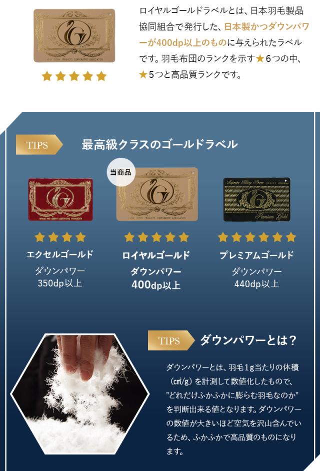 日本製 ロイヤルゴールドラベル 2枚合わせ 羽毛布団 シングル 収納ケース付き 高品質