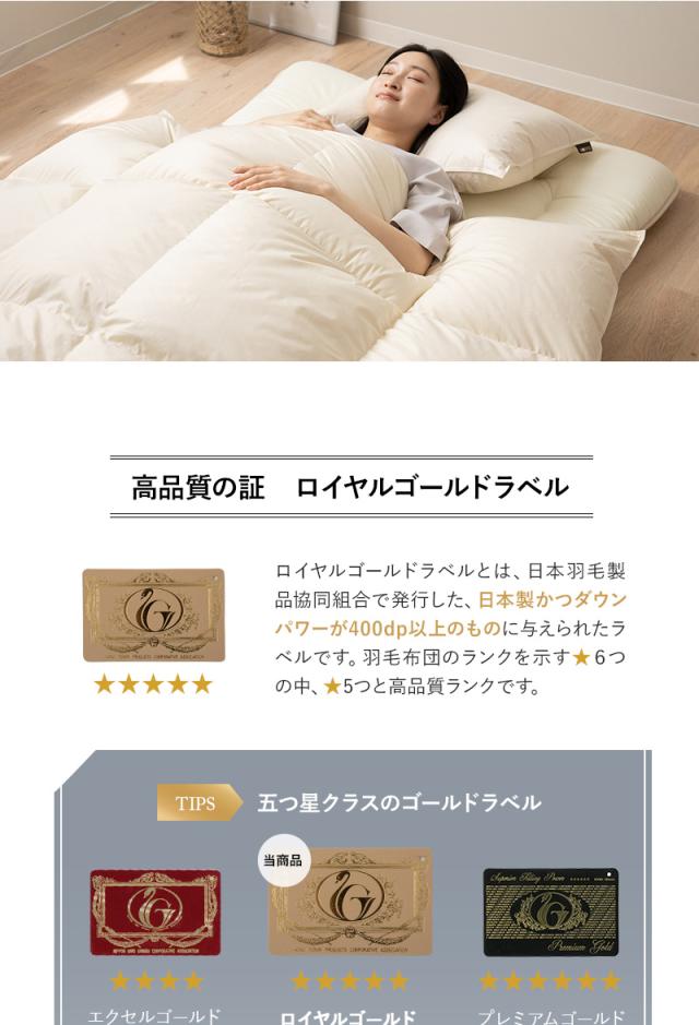 日本製 ロイヤルゴールドラベル 羽毛布団 3点セット シングル 羽毛布団 敷き布団 枕 収納ケース付き 高品質