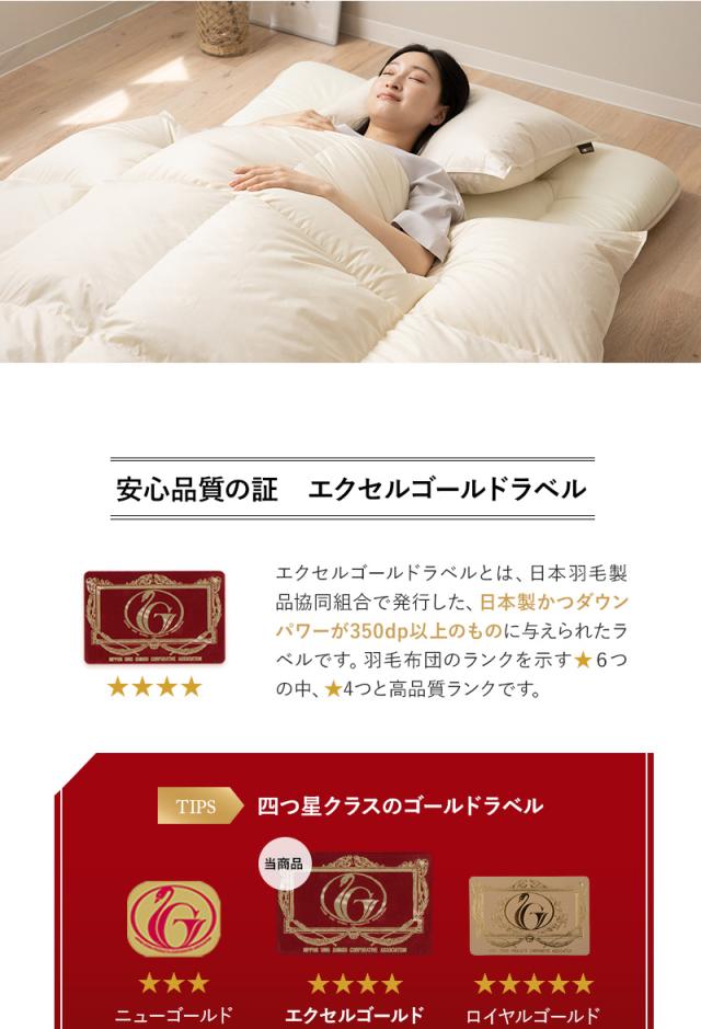 日本製 エクセルゴールドラベル 羽毛布団 3点セット シングル 羽毛布団 敷き布団 枕 収納ケース付き 高品質