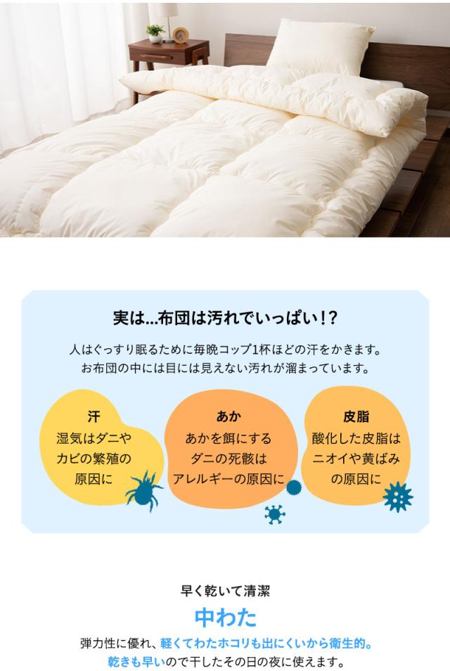 洗える布団シリーズ ベッド用 布団4点セット ダブル 日本製 洗える 丸洗い 掛け布団 ベッドパッド 枕 組布団 OKADA