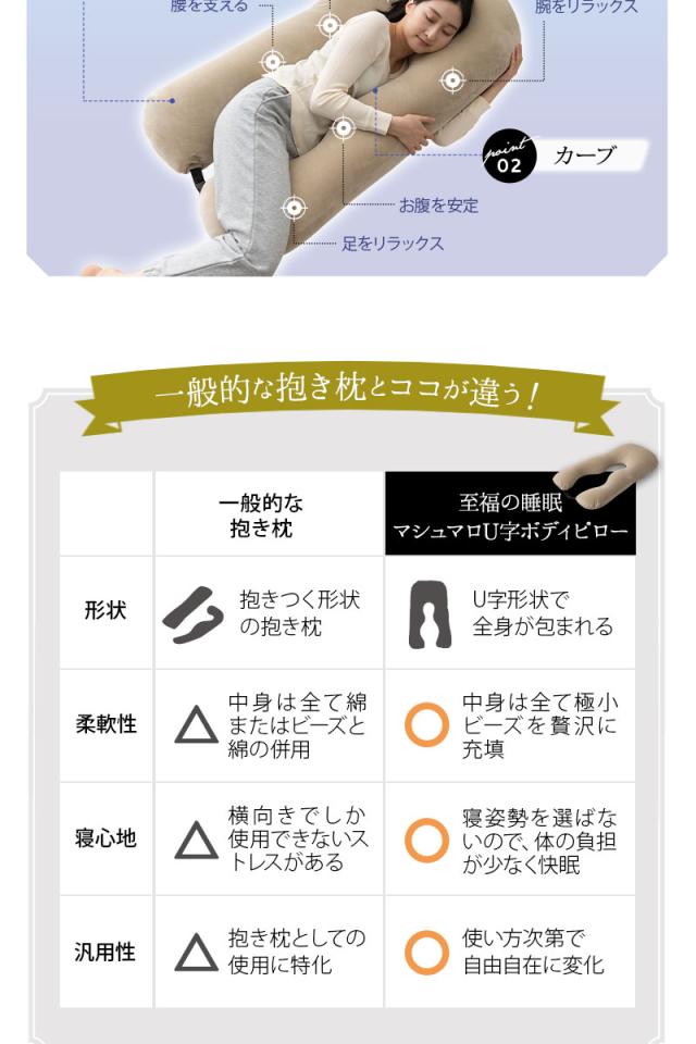 至福の睡眠 U字 ボディピロー 抱き枕 ビーズクッション カバー付き 枕 まくら ピロー 日本製 ビーズ しっとり さらさら クール 冷感 カバー