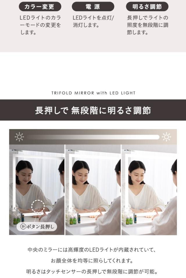 LEDライト付き ドレッサー 2点 セット 鏡台 デスク テーブル 三面鏡 女優ミラー 鏡 ミラー スタンド