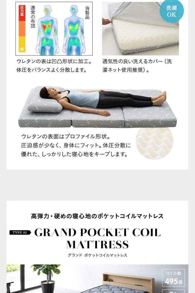 ベッド＆マットレス 2点セット シングル 畳ベッド 3つ折り ウレタン ポケットコイル