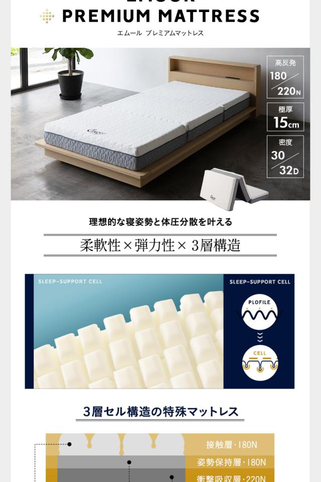 ベッド＆マットレス 2点セット シングル 畳ベッド 3つ折り ウレタン ポケットコイル