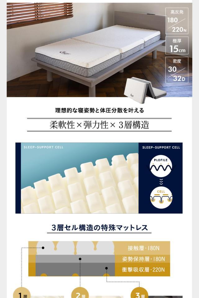 ベッド＆マットレス 2点セット ダブル 畳ベッド 3つ折り ウレタン ポケットコイル