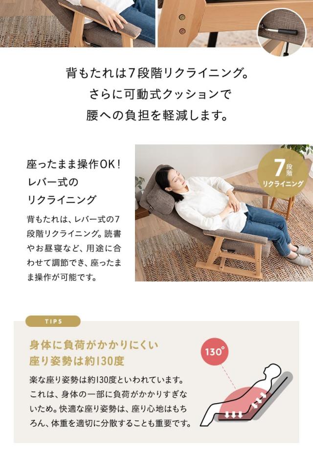 あかり 高座椅子 リクライニングチェア 立ち上がり補助付き 可動式クッション付き 角度調節 腰が楽 腰痛