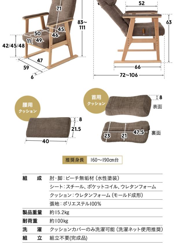 あかり 高座椅子 リクライニングチェア 可動式クッション付き 頭部 腰部 フィット 高さ調節 角度調節 腰が楽 腰痛