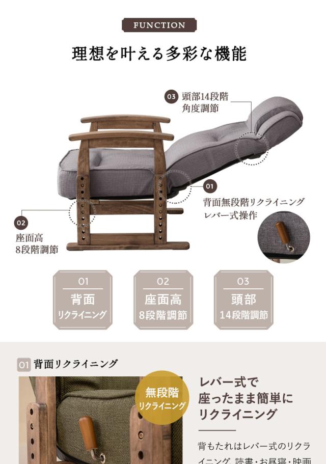 ポケットコイル高座椅子 オットマンスツール 2点セット 完成品 高さ調節機能付き リクライニングチェア ベンチ かなた