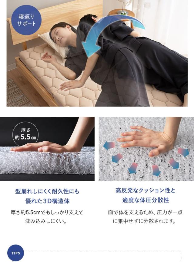 3D構造体 三つ折りマットレス デラックス シングル ファイバー 丸洗い 通気性抜群 寝返りサポート 3D-MAT-DX