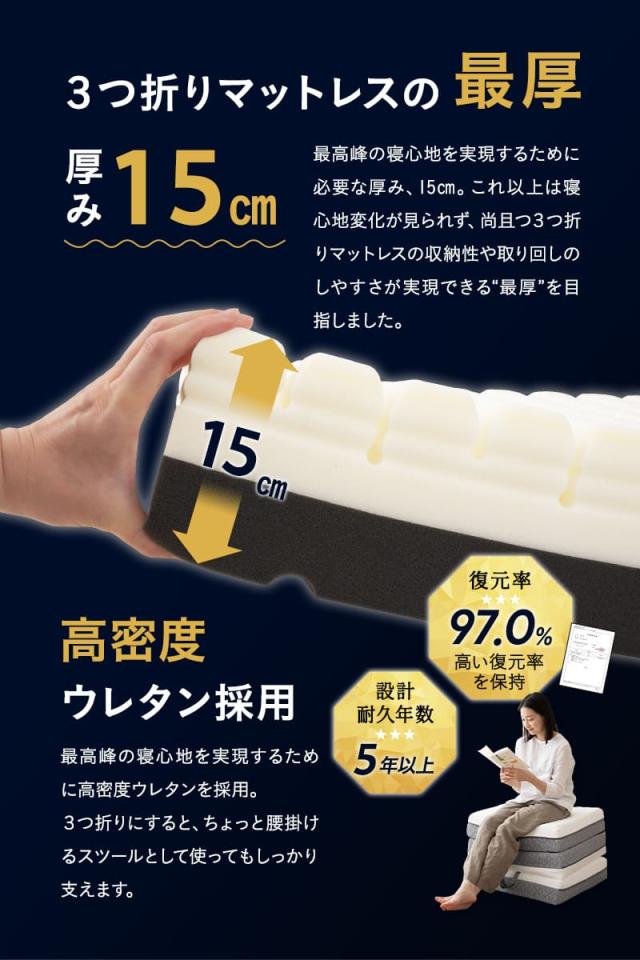 プレミアムマットレス コンパクトマットレス コンパクトショート 折りたたみ 極厚15cm ウレタン ごろ寝 3つ折りマットレスの最高峰 PREMIUM