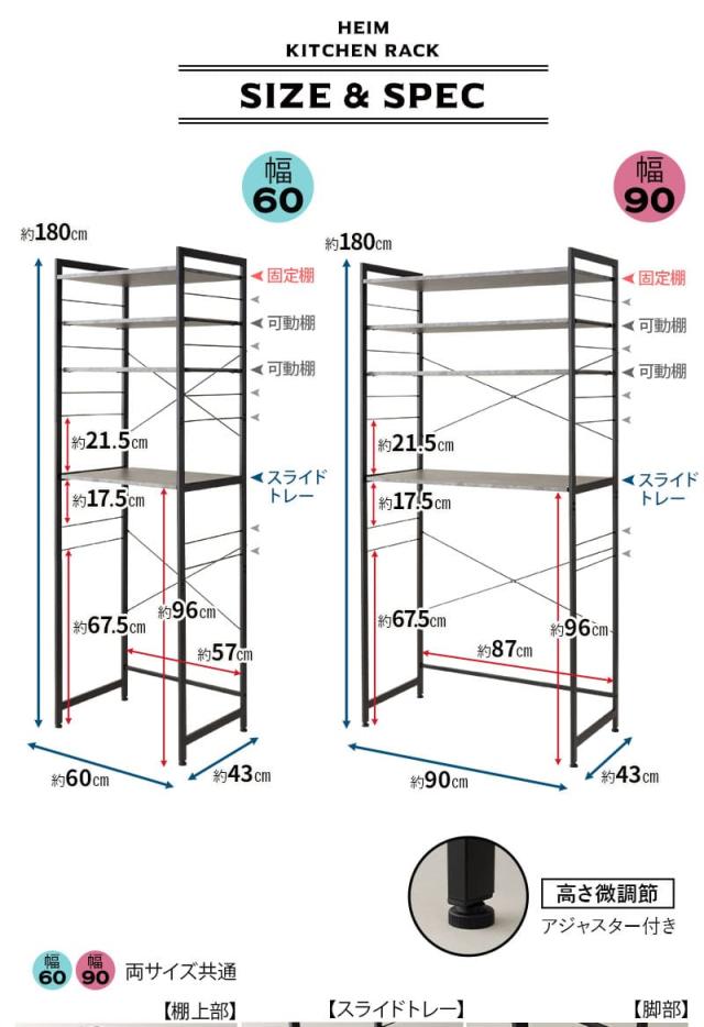 HEIM ヘイム キッチンラック ゴミ箱上ラック レンジラック 冷蔵庫ラック ウォールラック 飾り棚 壁面収納 幅60cm 幅90cm 3段 大型レンジ対応 スリム 賃貸
