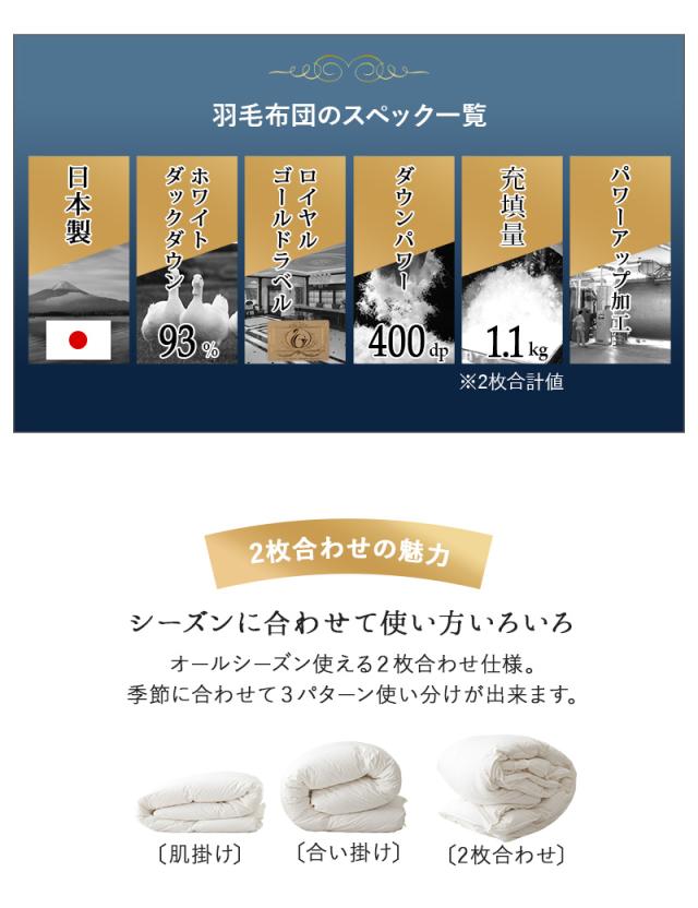 日本製 ロイヤルゴールドラベル 2枚合わせ 羽毛布団 シングル 収納ケース付き 高品質