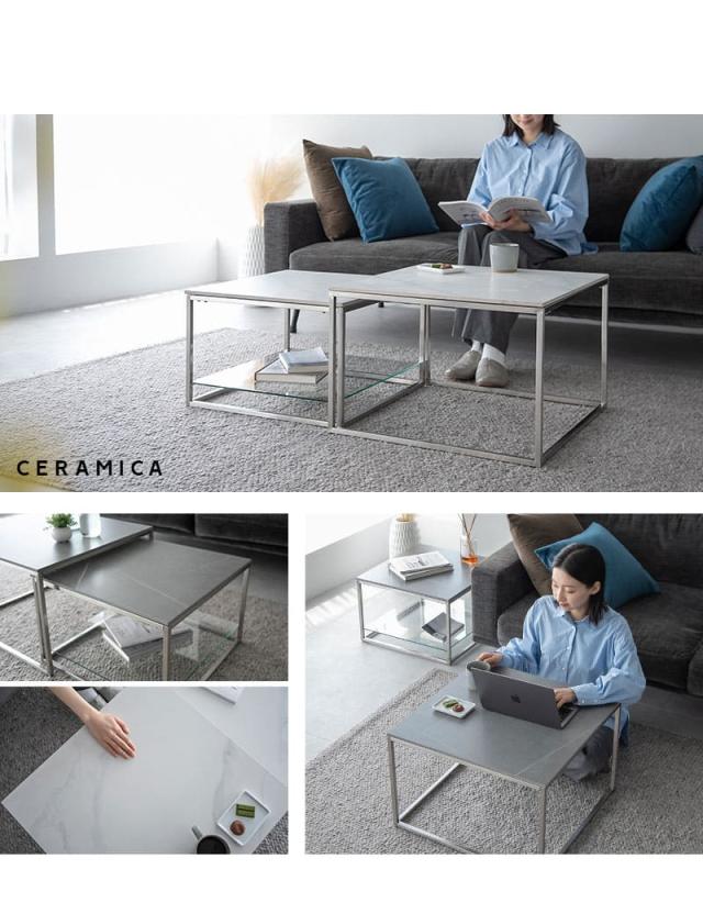 ネストテーブル 幅60cm 正方形 セラミック 石目調 大小 テーブル単品 食卓 テーブル 単品 CERAMICA