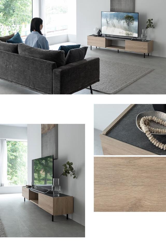 テレビボード テレビ台 ローボード 幅180cm 異素材MIX 可動棚 マグネット式扉 フラップ扉 大容量 STONOAK