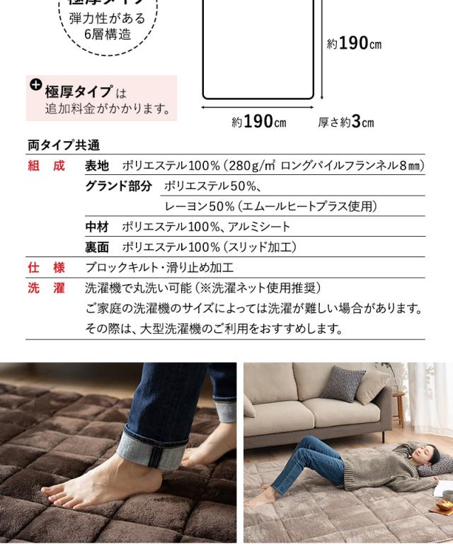 ラグ カーペット 絨毯 190×190cm 正方形 約2畳 極暖 +4℃ 吸湿発熱 ヒートプラス