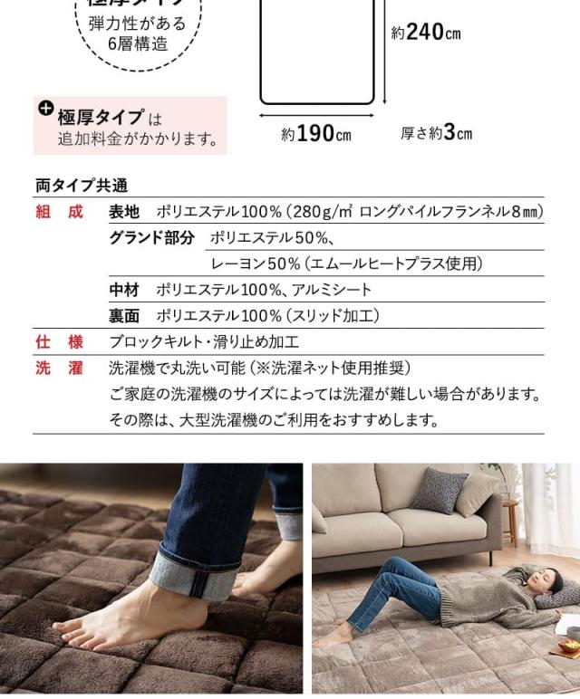 ラグ カーペット 絨毯 190×240cm 長方形 約3畳 極暖 +4℃ 吸湿発熱 ヒートプラス