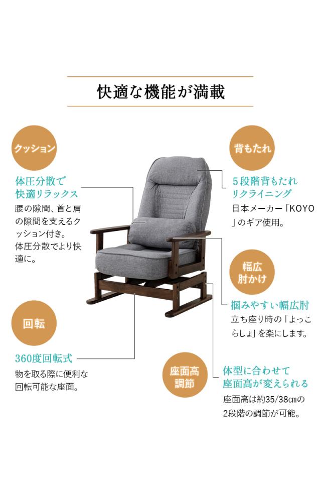 回転高座椅子 きらく クッション付 リクライニング 高さ調節可能 折りたたみ 小柄 一人用 疲れにくい 腰痛対策